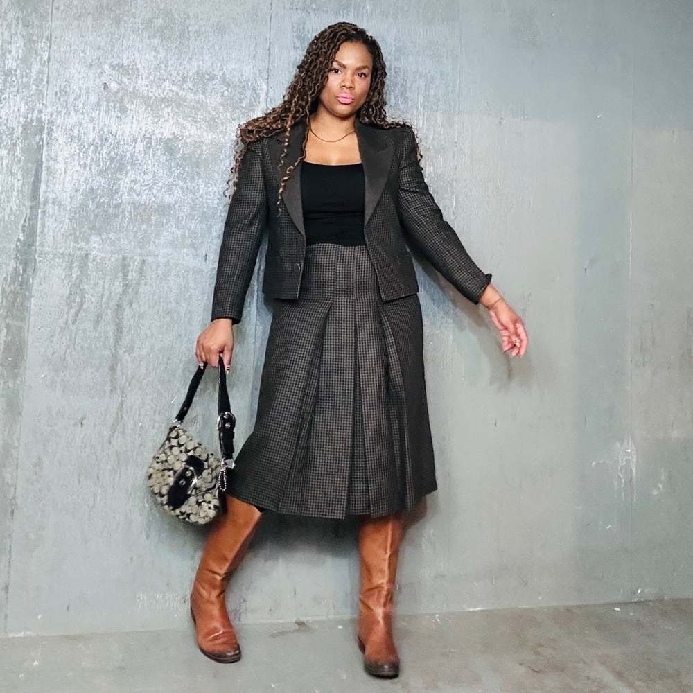 Louis Feraud Brown & Black Checked Blazer and Skirt Set